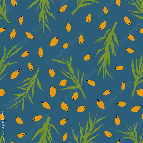 Sea buckthorn branch seamless pattern. Vector hand drawn berries. Floral simple paper cut graphic design.