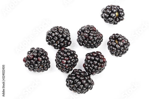 Fresh blackberry isolated on white background. Top view. Flat lay pattern