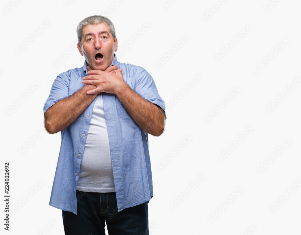 Handsome senior man over isolated background shouting and suffocate because painful strangle. Health problem. Asphyxiate and suicide concept. Handsome senior man over isolated background shouting and suffocate because painful strangle. Health problem. Asphyxiate and suicide concept.