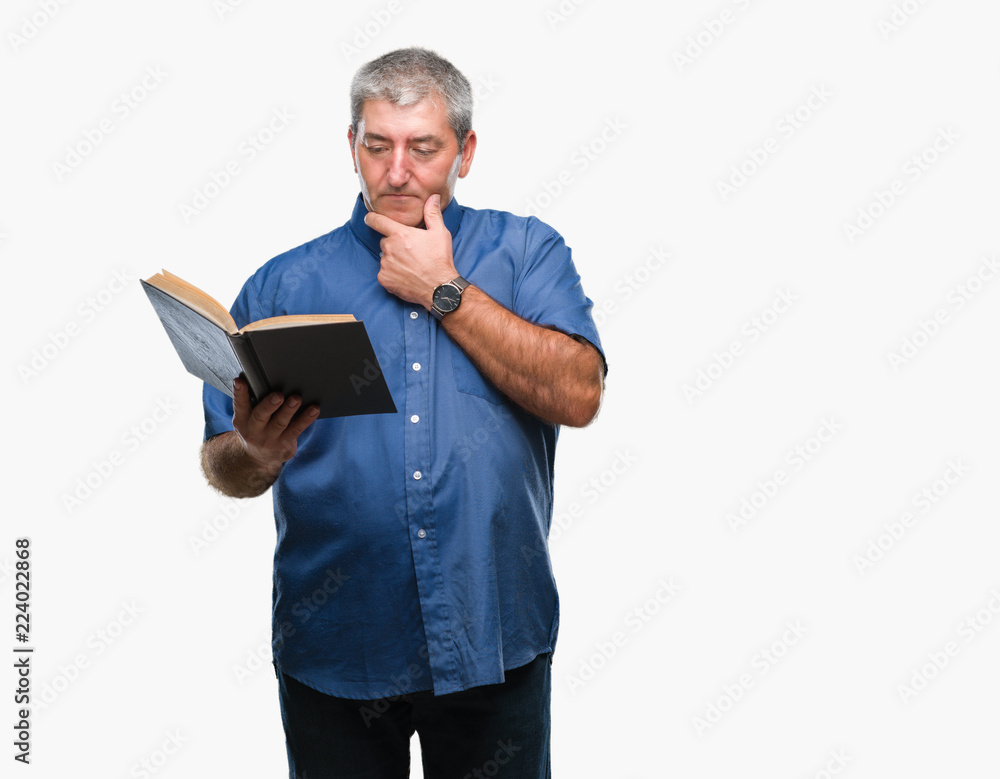 Handsome senior teacher man reading a book over isolated background serious face thinking about question, very confused idea Handsome senior teacher man reading a book over isolated background serious face thinking about question, very confused idea
