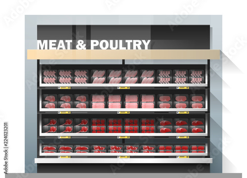 Fresh meat for sale display on shelf in supermarket , vector , illustration