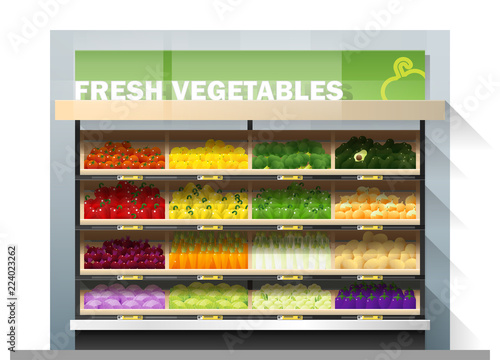 Fresh vegetables for sale display on shelf in supermarket , vector , illustration