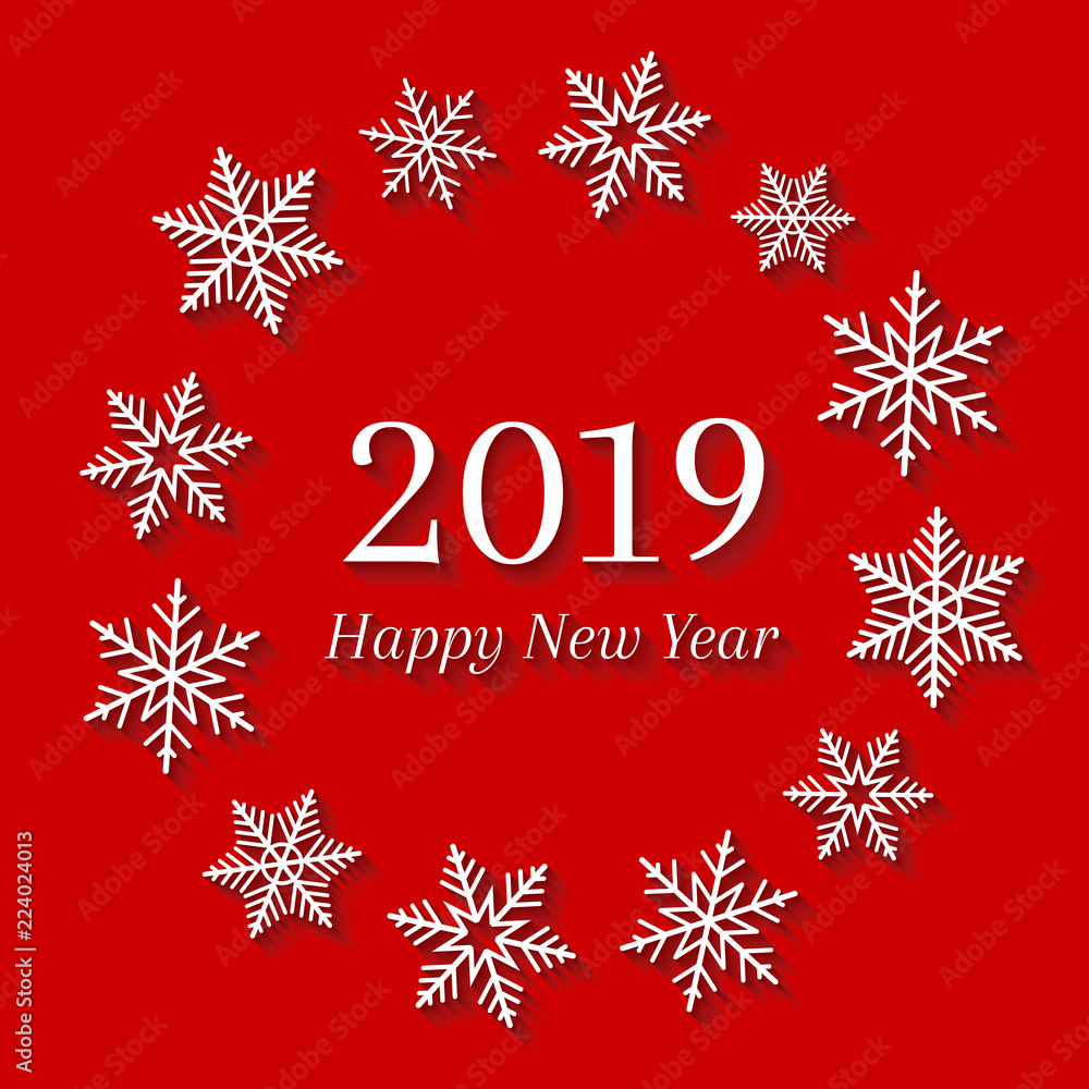2019 and Happy New Year concept with white snowflakes. Abstract and festive greeting card design on red background. 