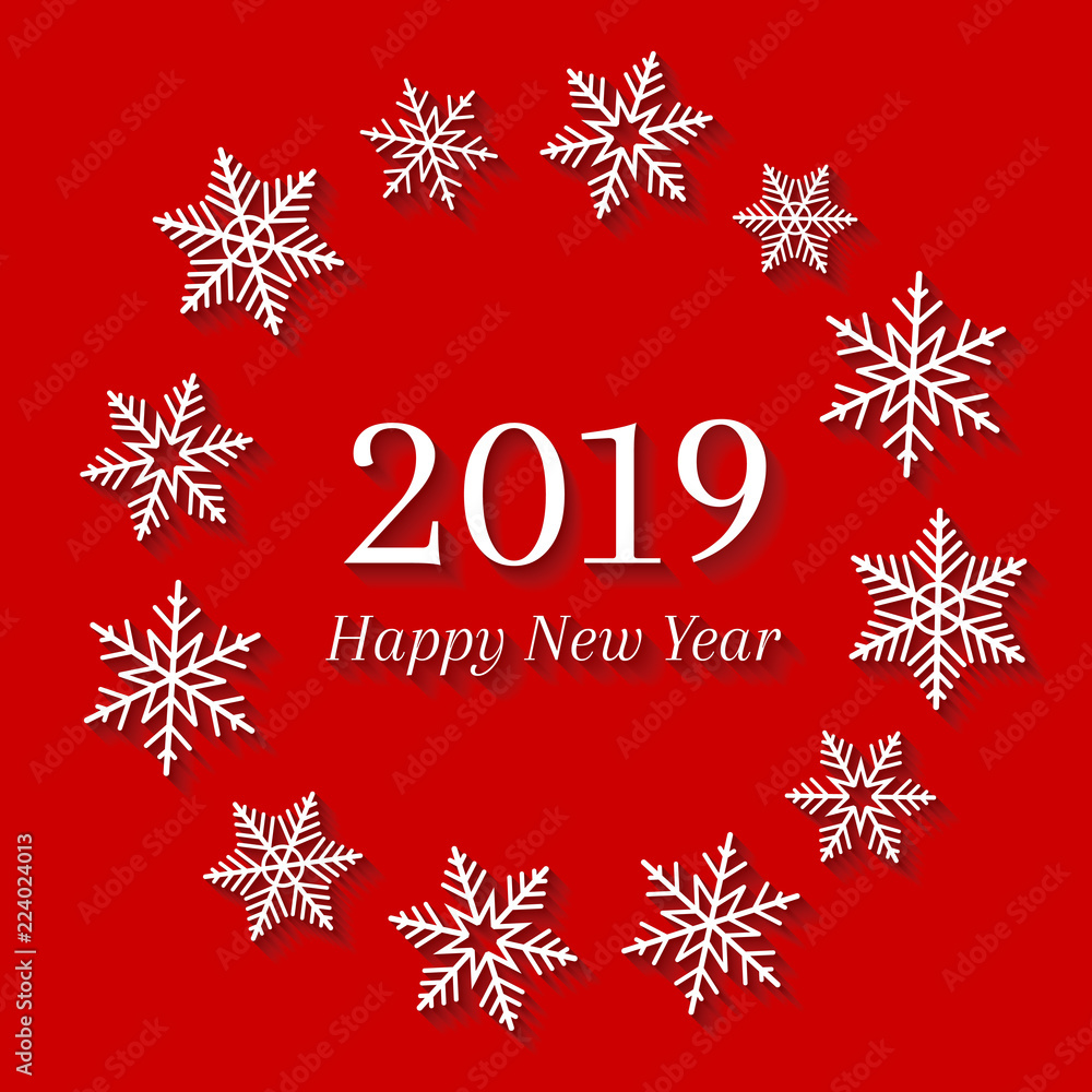 2019 and Happy New Year concept with white snowflakes. Abstract and festive greeting card design on red background. 2019 and Happy New Year concept with white snowflakes. Abstract and festive greeting card design on red background.