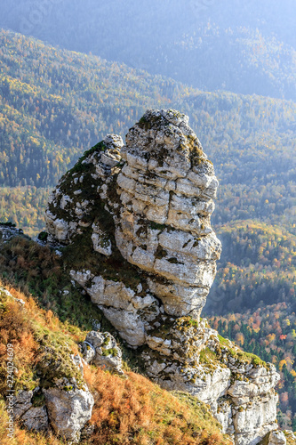 Beautiful scenic golden autumn vertical landscape of mountain rock at sunset. Chernogor Mount, West Caucasus, Russia photo