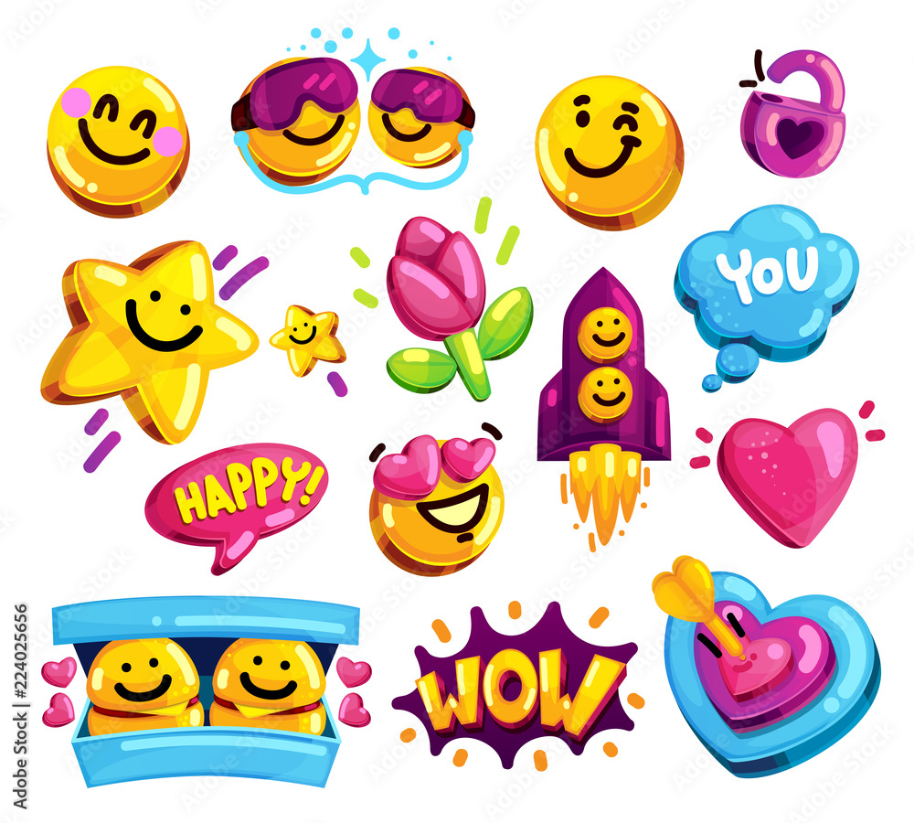 Smiley face love and friends stickers vector set. Cartoon youth symbols on isolated background Smiley face love and friends stickers vector set. Cartoon youth symbols on isolated background