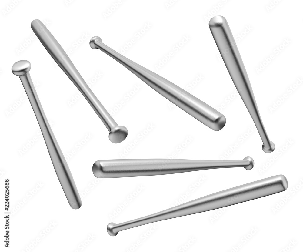 3d rendering of many steel baseball bats flying in different angles on a white background.