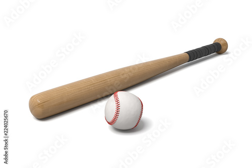 3d rendering of a wooden baseball bat with black wrap on the handle lying near a white leather ball. photo