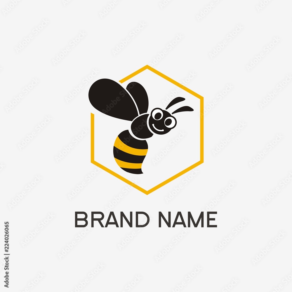 Bee logo / cartoon bee in yellow hexagonal shape