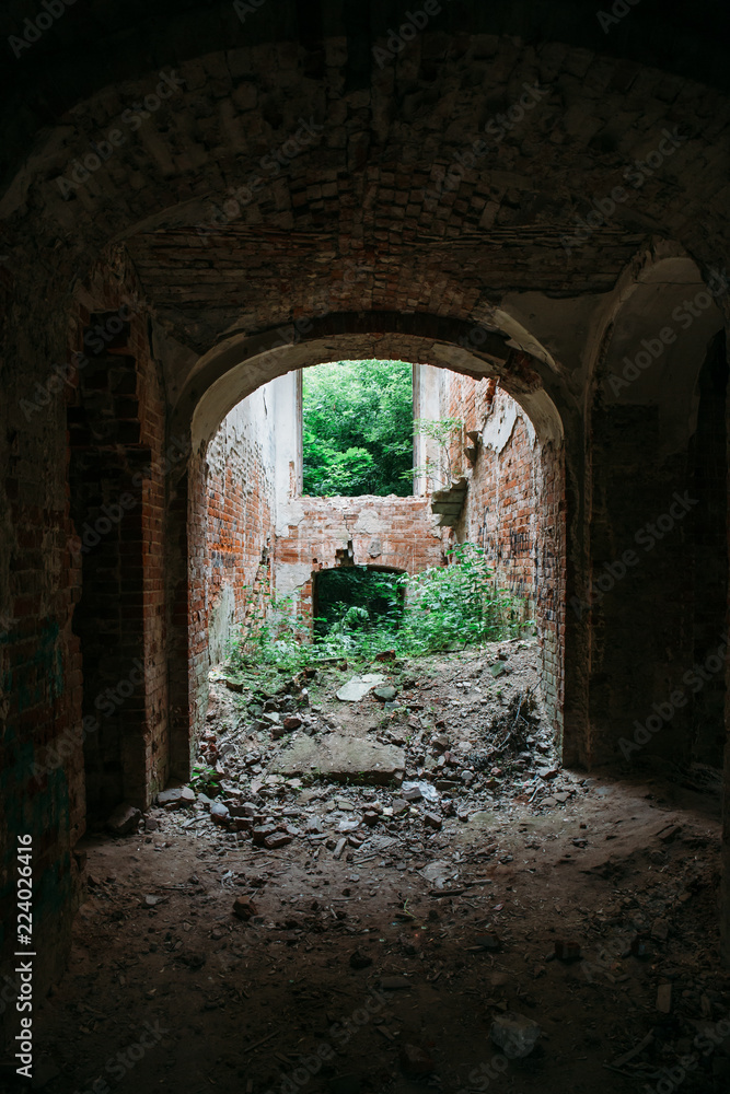Inside ruined, abandoned ancient brick aged castle building overgrown with grass and plants