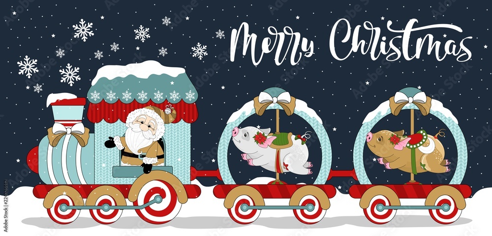 Christmas greetings banner with a funny Santa Claus and a train with a pig. Inscription. Vector illustration.