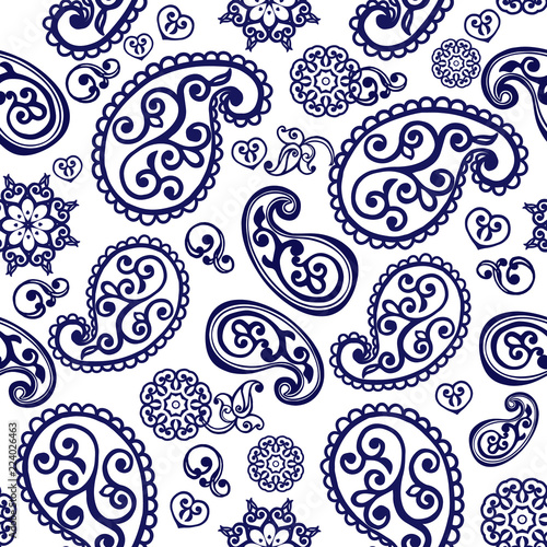 Oriental seamless paisley pattern. Floral wallpaper. Decorative ornament for fabric, textile, wrapping paper. Indigo traditional paisley pattern.