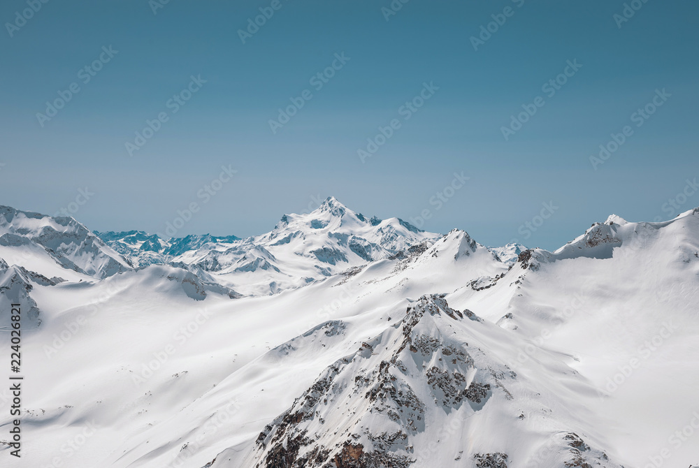 Winter snow covered mountain peaks in Caucasus. Great place for winter sports. Mount Shtavler