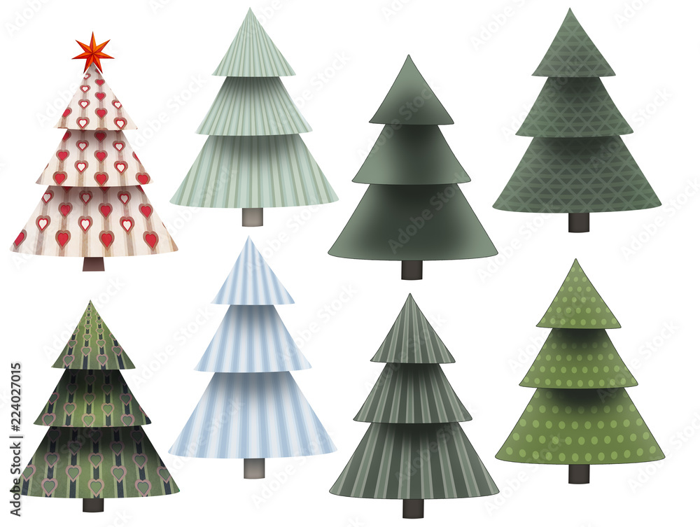 8 different christmas tree with pattern isolated on white 8 different christmas tree with pattern isolated on white