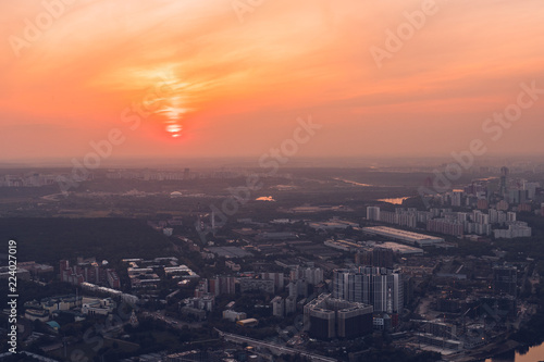 Aerial view panorama of Moscow city at sunset