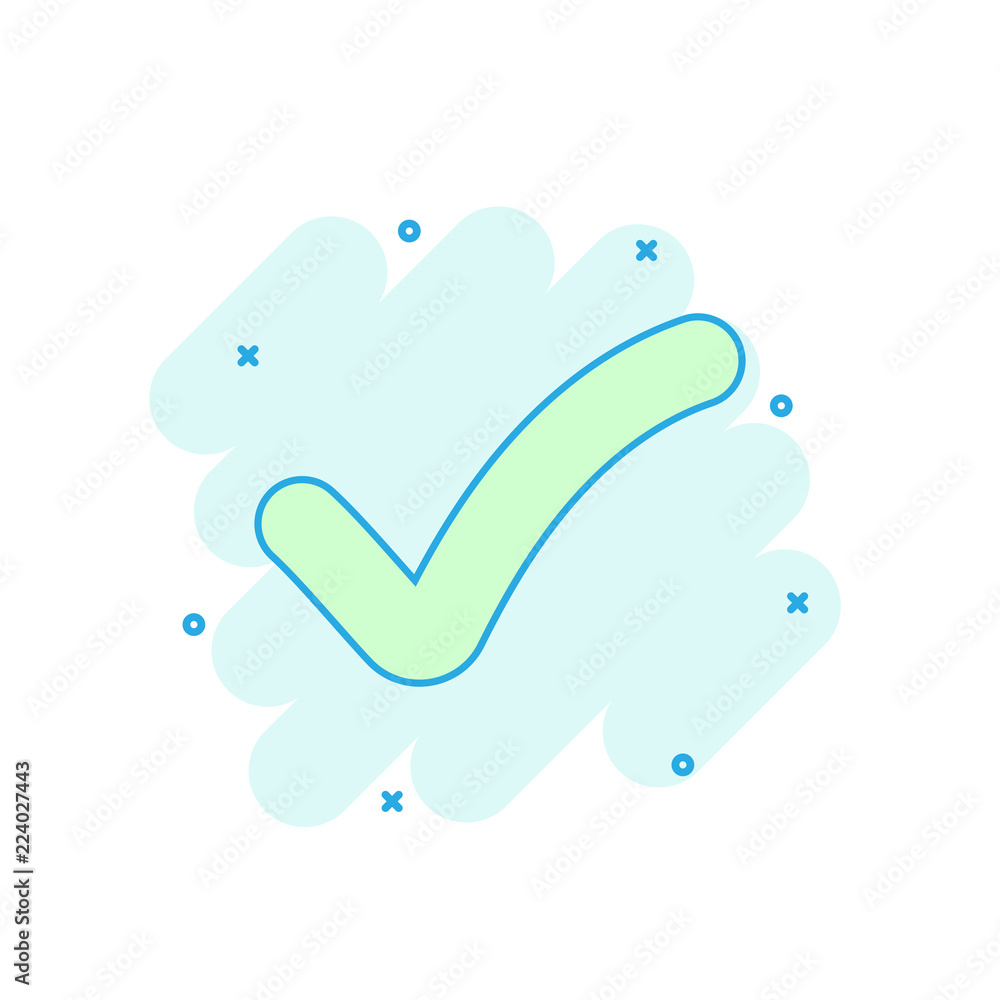 Cartoon colored check mark icon in comic style. Ok sign illustration pictogram. Approved splash business concept. Cartoon colored check mark icon in comic style. Ok sign illustration pictogram. Approved splash business concept.