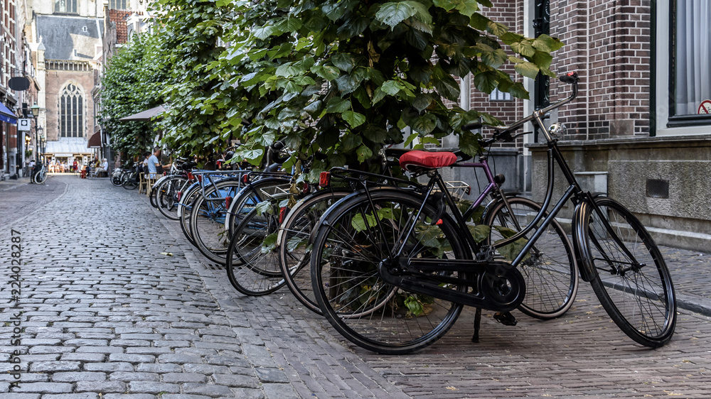Multiple bicycles parks on a typical old Dutch street 