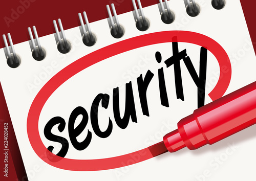Le mot security écrit sur un carnet avec un marqueur rouge pour une présentation
