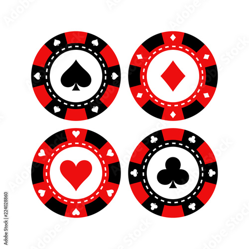 Red and black poker gaming chips vector set. Casino tokens coins with playing cards symbols, hearts, spades, clubs, diamonds.