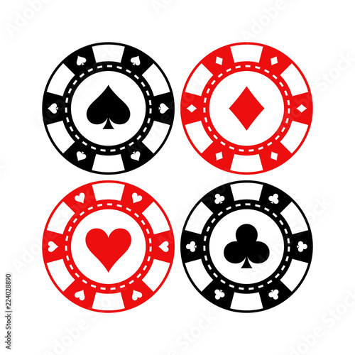 Red and black poker gaming chips vector set. Casino tokens coins with playing cards symbols, hearts, spades, clubs, diamonds.