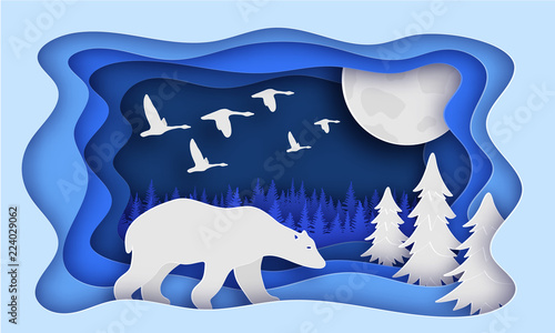 Polar bear is in the winter forest. Past The Trees. Night  moon. Birds fly away. New year. Paper style. Blue tones. 10 eps