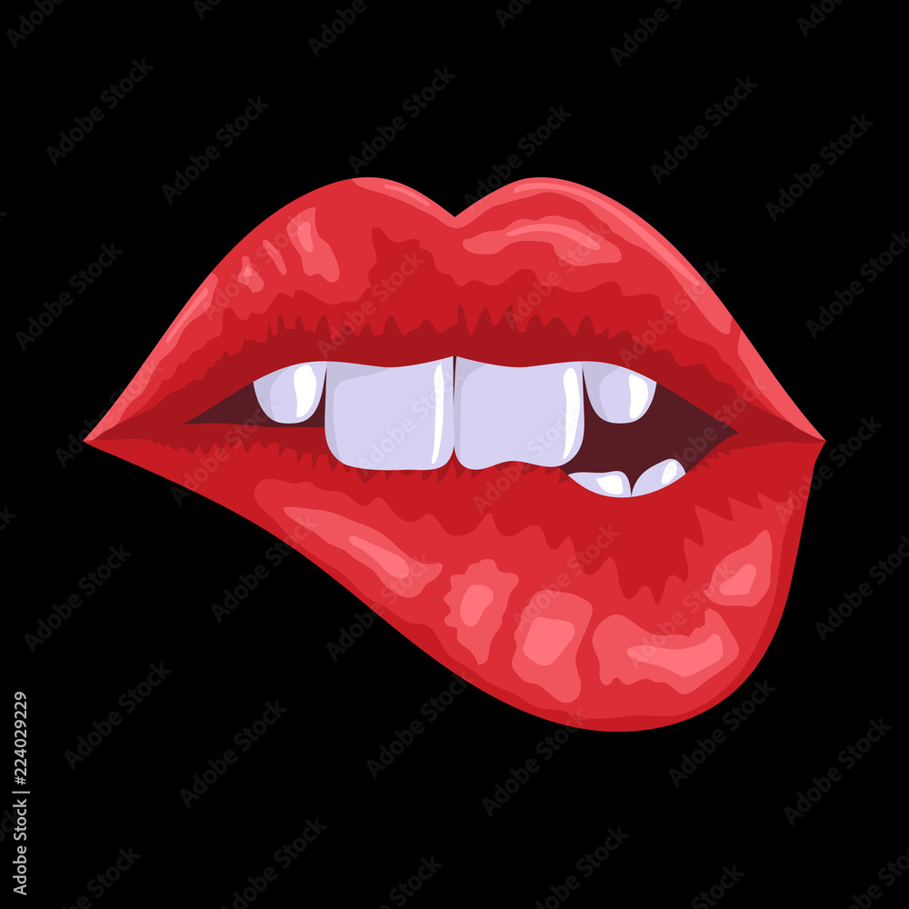 A painted female mouth with a bitten lip on a black background. For your design. Logo, fashion. 10 eps