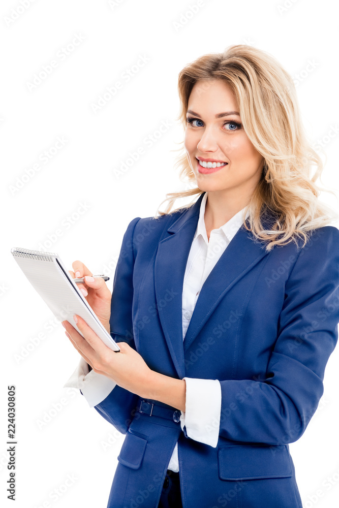 Young businesswoman with clipboard writing, isolated Young businesswoman with clipboard writing, isolated