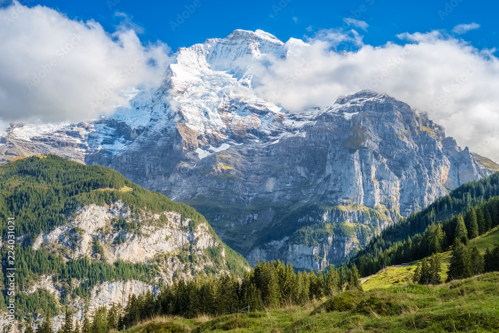 Spectacular mountain views near the town of Murren (Berner Oberland, Switzerland). Murren is a traditional mountain village on 1,650 m and is unreachable by public road. Spectacular mountain views near the town of Murren (Berner Oberland, Switzerland). Murren is a traditional mountain village on 1,650 m and is unreachable by public road.