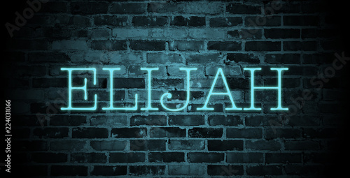 first name Elijah in blue neon on brick wall