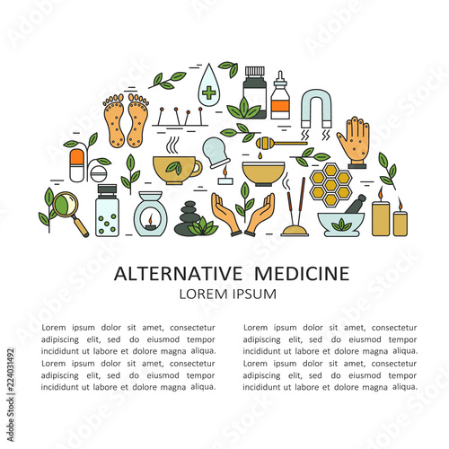 Big set of symbols of alternative medicine. Modern thin line icons collection, flat style. Vector background, colorful elements group. Illustration with medical icon, logo design. Place for text here