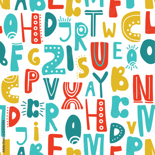 Collection of latin letters  seamless pattern vector. English alphabet  typography design. Colorful background. Decorative wallpaper  good for printing. Poster with latin abc made in modern style