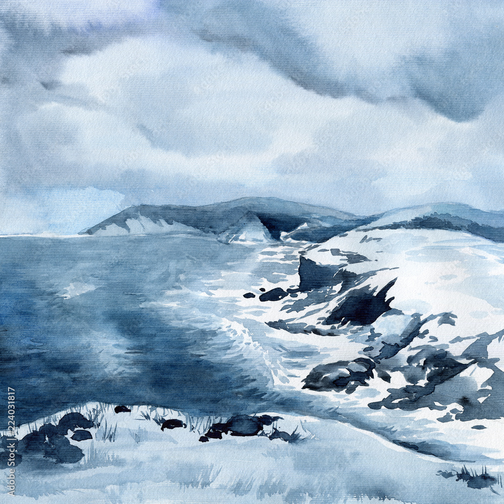 Fototapeta Streszczenie zimowy krajobraz z sylwetkami gór, ciemne chmury burzowe i panoramiczny widok na morze. Akwarela ręcznie rysowane ilustracja malarstwo.
