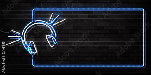 Vector realistic isolated neon sign of Headset frame logo for decoration and covering on the wall background. Concept of music, karaoke, radio and dj.
