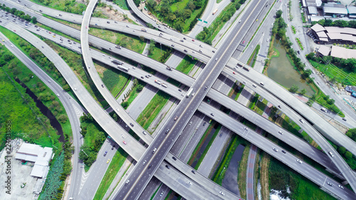 a baffling maze of high-speed expressways encircles the city. , Aerial view interchange of Thailand.