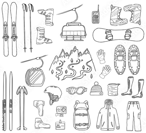 Set of ski and snowboard hand-drawn icons isolated on white background. Doodle sport clothes, accessories and equipment. Black and white sketched vector illustration