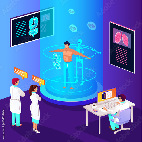 Body people scan mrt mri cancer tomography diagnostic medicine. Patient man character standing in doctor office. Medicine technology vector flat graphic design isolated illustration