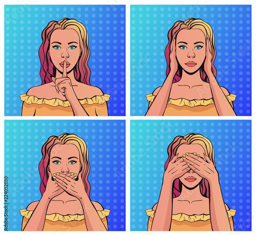 Woman character face emotions see no evil, hear no evil, speak no evil. Vector retro style flat graphic design isolated illustration set