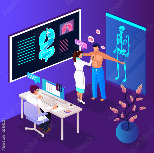 Doctor nurse woman character making diagnostic to patient. Medicine office center health care. Medicine technology vector flat graphic design isolated illustration