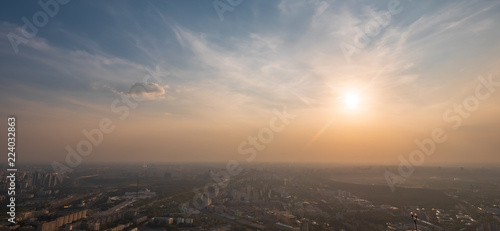 Aerial view panorama of  Moscow city at sunset