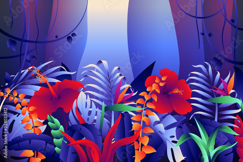 Tropical background with jungle plants. Vector illustration
