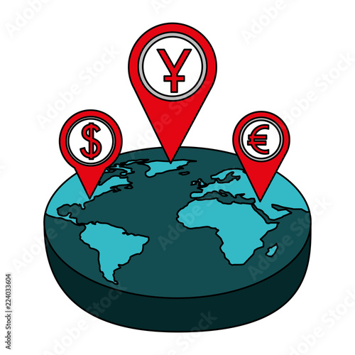 world isometric pointer location dollar yen euro money
