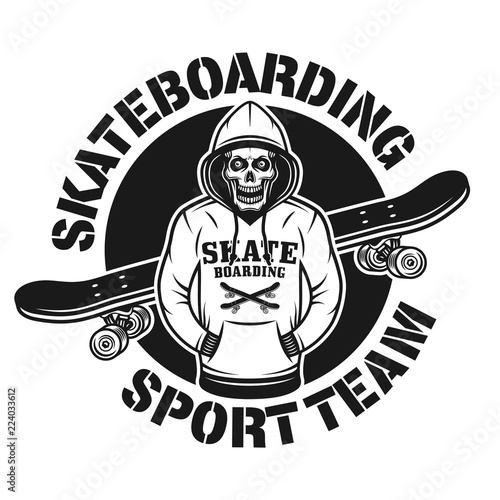 Skull in hoodie and skateboard vector emblem