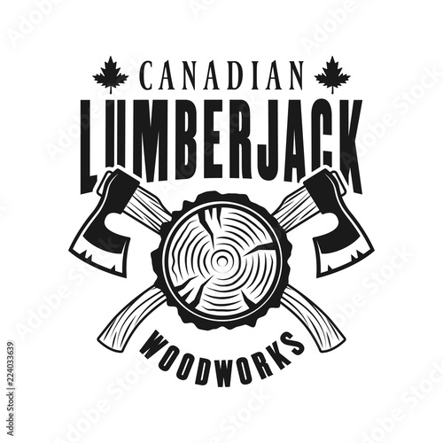 Woodworks and lumberjack emblem with crossed axes