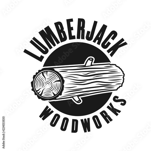 Woodworks, lumberjack vector emblem with tree log