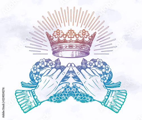 Hands with vintage flowers and crown.