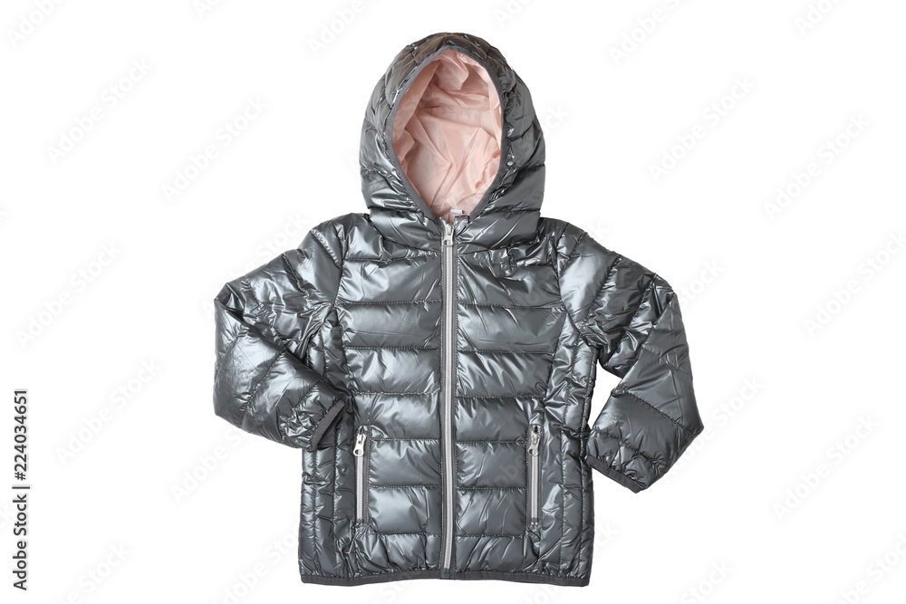 Children’s jacket isolated. Fashionable silver gray warm down jacket isolated on a white background. Childrens wear. Children’s jacket isolated. Fashionable silver gray warm down jacket isolated on a white background. Childrens wear.