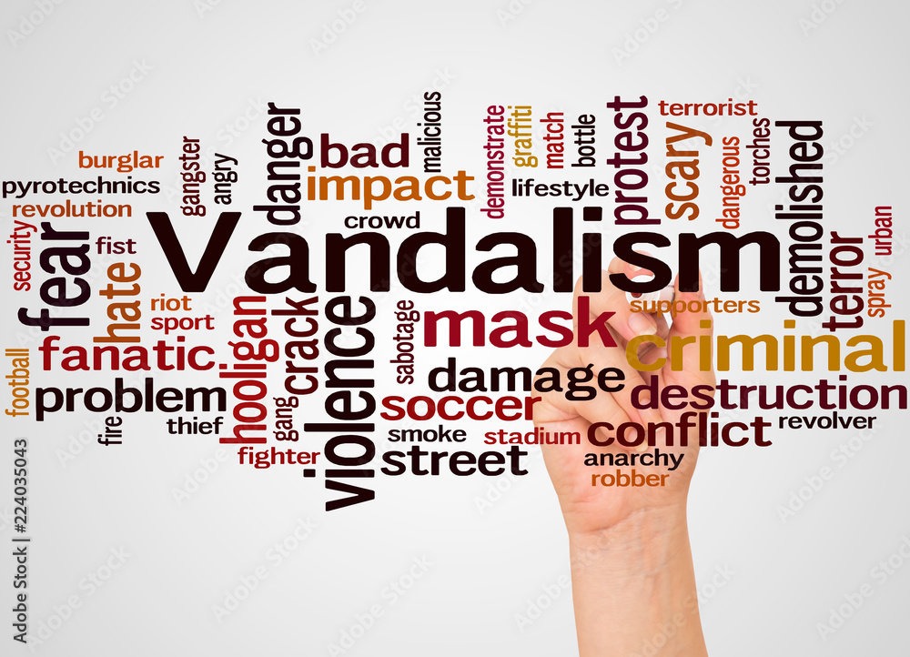 Vandalism word cloud and hand with marker concept Vandalism word cloud and hand with marker concept