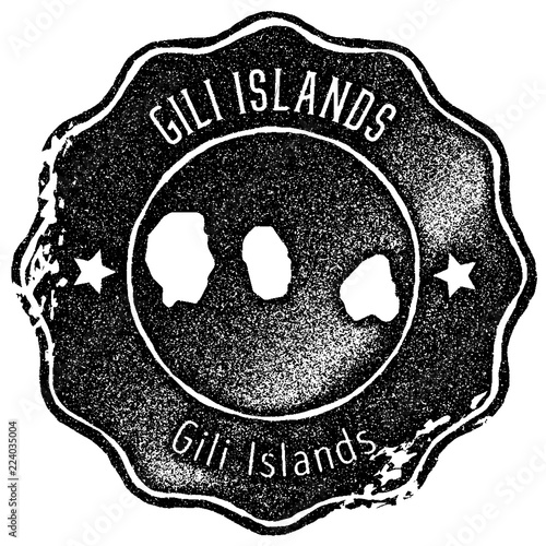Gili Islands map vintage stamp. Retro style handmade label, badge or element for travel souvenirs. Black rubber stamp with island map silhouette. Vector illustration.