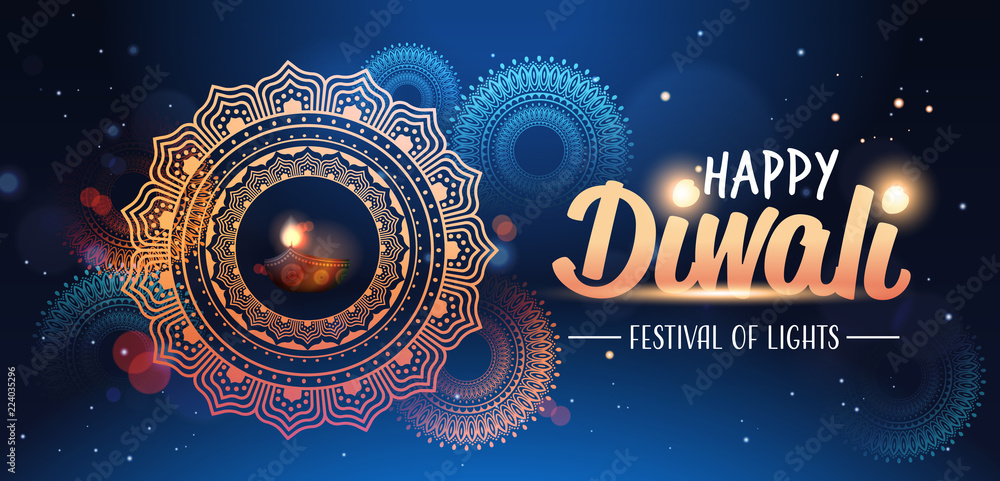 Naklejka premium happy diwali traditional indian lights hindu festival celebration holiday concept flat greeting card template invitation horizontal copy space vector illustration