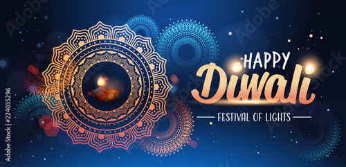 happy diwali traditional indian lights hindu festival celebration holiday concept flat greeting card template invitation horizontal copy space vector illustration
